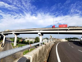 Road sign on bridge against sky in city