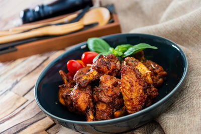 High angle view of food in plate on table