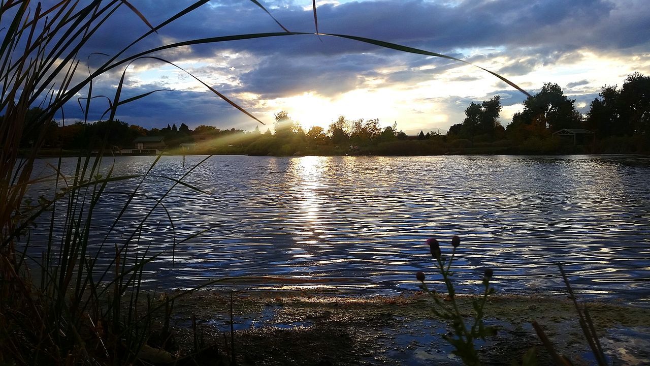 water, sky, sunset, reflection, cloud - sky, lake, rippled, scenics, tranquil scene, tranquility, beauty in nature, river, cloudy, nature, cloud, waterfront, tree, sun, idyllic, sunlight