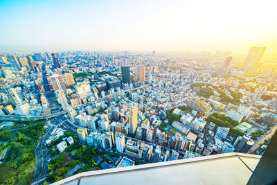 High angle view of modern buildings against clear sky