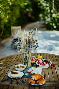 Close-up of breakfast outside on table