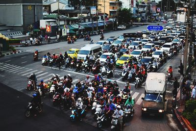 High angle view of people on city street