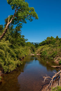 Scenic view of lake against clear blue sky
