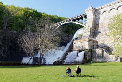 Rear view of people on bridge against plants