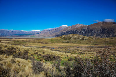 Scenic view of landscape against clear blue sky