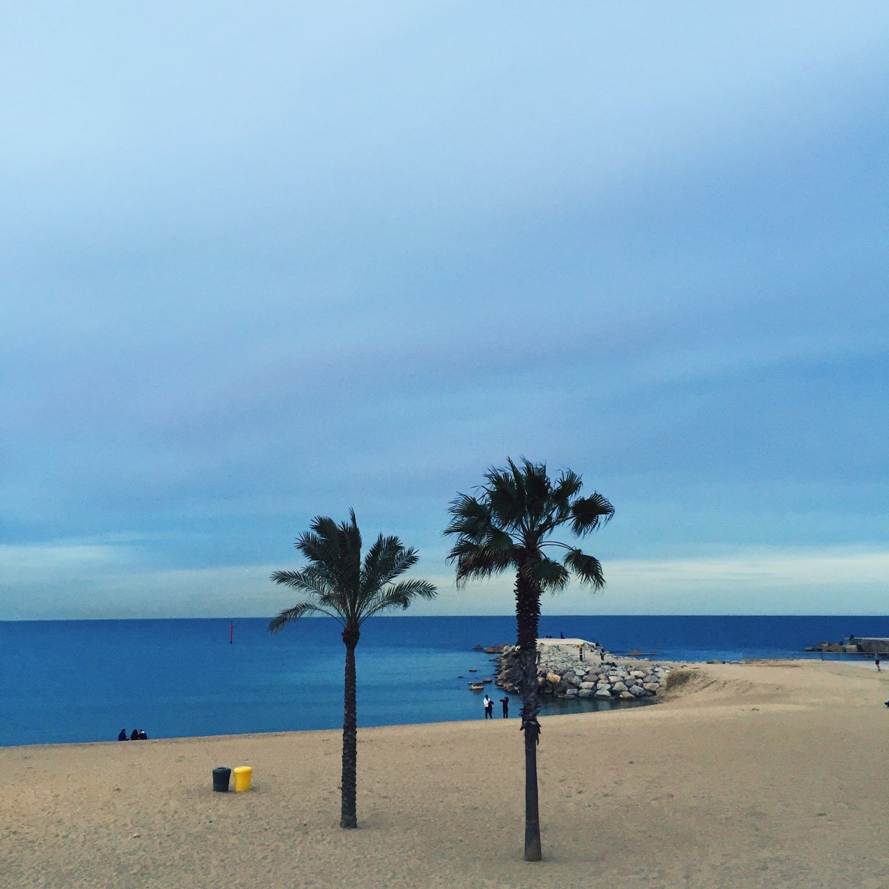 sea, horizon over water, beach, water, sky, tranquility, tranquil scene, shore, scenics, beauty in nature, sand, tree, nature, palm tree, idyllic, cloud - sky, vacations, blue, incidental people, cloud