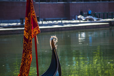 Close-up of birds by boat moored on river