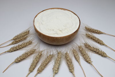 High angle view of rice on table against white background