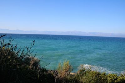 Scenic view of sea against clear blue sky