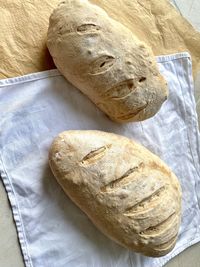 High angle view of bread on bed