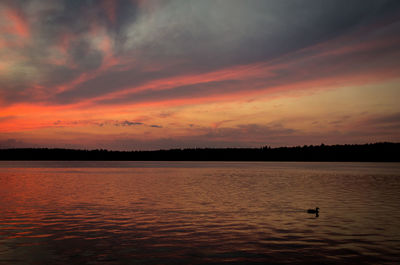 Scenic view of lake against orange sky