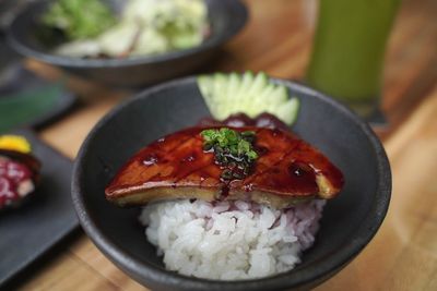 High angle view of food in plate on table