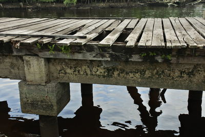 Bridge over lake against building