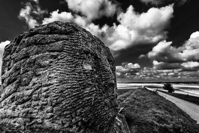 Close-up of rock on shore against sky