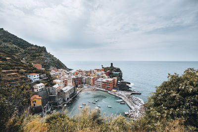 Elevated view on vernazza's harbor on a sunny day