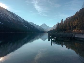 Scenic view of lake by mountains against sky