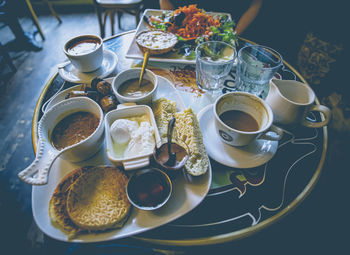 High angle view of breakfast served on table