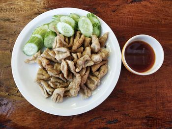 High angle view of meal served on table