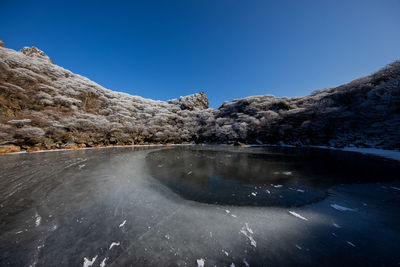 Surface level of frozen lake against clear blue sky