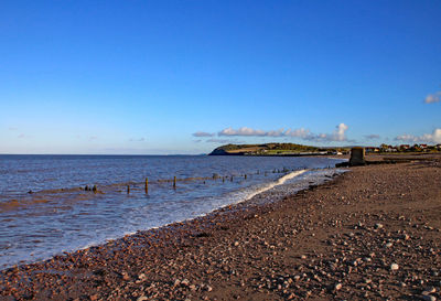Scenic view of sea against clear blue sky