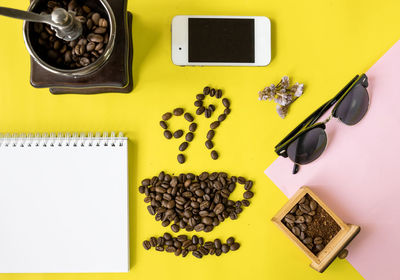 High angle view of coffee cup on table