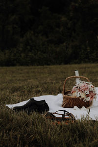 Close-up of wicker basket on field against trees