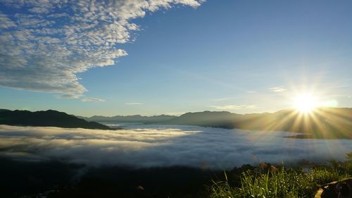 Scenic view of mountains against sky during sunset