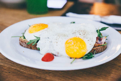 Close-up of fresh breakfast served on table