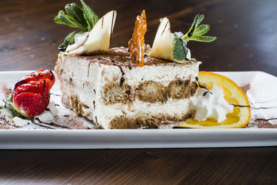 Close-up of dessert served on table