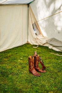 High angle view of tent on field