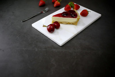 High angle view of dessert served on table