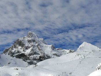 Low angle view of snowcapped mountain against sky