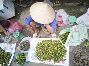 High angle view of man holding fruits