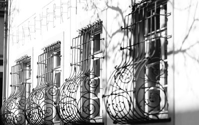 Close-up of metal fence against building