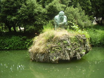 Statue by lake against trees