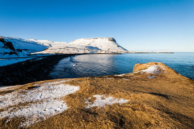 Scenic view of sea against clear blue sky