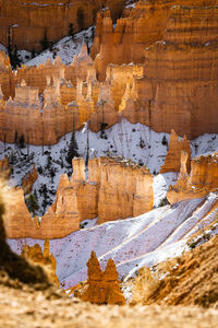 Close up telephoto zoom photo of bryce canyon national park hoodoos lit by sun