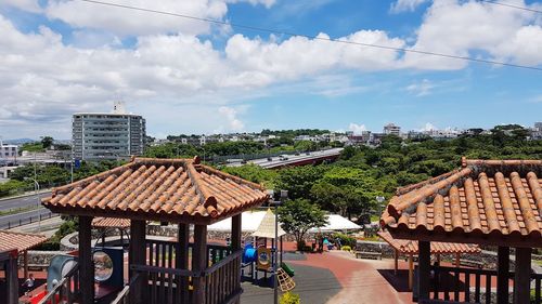 Panoramic view of buildings in city against sky