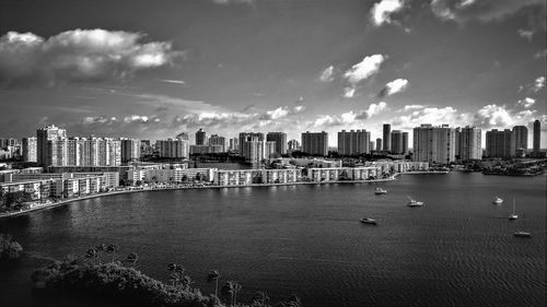 Scenic view of city by sea against sky