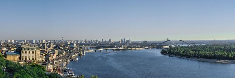 View of the dnieper river and the city of kiev, ukraine, from the pedestrian bridge 