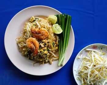 High angle view of food served on table