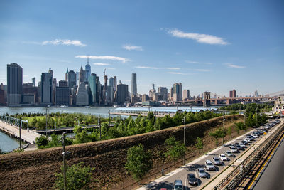 Aerial view of modern buildings in city against sky