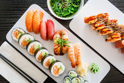 High angle view of sushi served on table