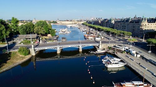 High angle view of bridge over river in city against sky