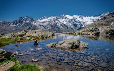 Scenic view of snowcapped mountains against clear blue sky