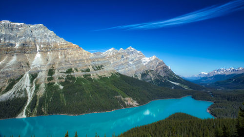 Scenic view of snowcapped mountains against blue sky