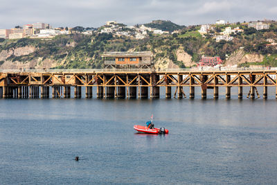 People on bridge over river