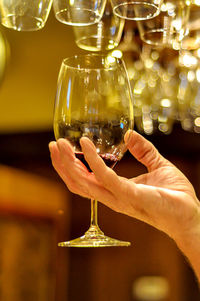 Hand holding wine glass against blurred background