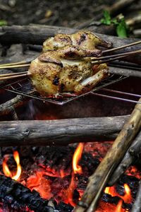 Close-up of meat on barbecue grill