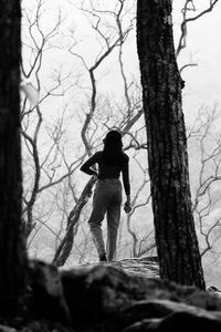 Rear view of woman standing in forest